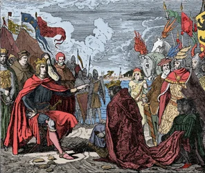 Ottokar II. (1230-1278) Huldigung an Rudolf I. - Ottokar II. (1233-1278) König von Böhmen, huldigt Rudolf I. des Heiligen Römischen Reiches (oder Rudolf IV. von Habsburg) (1218-1291), nach der Schlacht von Marchfeld, 1278