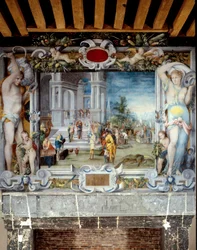 Bemalter Kaminaufsatz des Waffensaals, der Salomo und die Königin von Saba darstellt