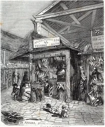 Paris 3. Arrondissement - Carre de la Foret-Noire: Verkauf von Leder und Schuhen im Le Carreau du Temple im 19. Jahrhundert - Gravur in „Tableau-de-Paris“ von Edmond Texier