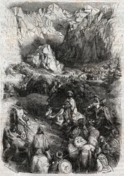 Übergang der Pyrenäen durch die Mauren - Gravur von 1851 aus „Roland der Rasende“ (Orlando furioso) (16. Jahrhundert) von Ludovico Ariosto, bekannt als der Ariosta - Ausgabe, übersetzt aus dem Italienischen von Graf von Tressan und veröffentlicht von Gusta