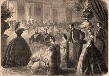 Pauline Viardot-Garcia (Viardot Garcia) (1821-1910), französische Sängerin, beim Wohltätigkeitsfest der Freimaurerloge "La perseverante friendship" im Grand Orient von Paris. Stich in "Le Monde Illustré" von 1862. Privatsammlung.