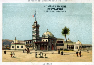 Pavillon von Algerien während der Weltausstellung von 1889. Karton veröffentlicht vom Grand Marché Neue Produkte: Paris - Batignolles. Chromolithografie des 19. Jahrhunderts