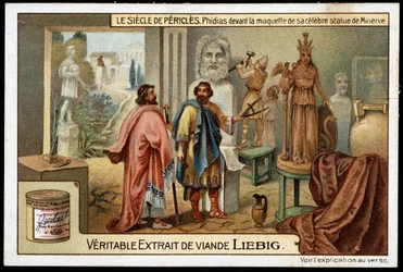 Perikles-Zeit (495-429 v. Chr.): der Bildhauer Phidias (490-430 v. Chr.) vor dem Modell seiner berühmten Minerva-Statue - Liebig Chromolithographie
