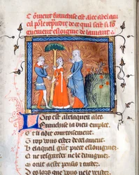 Personen im Gespräch, Seite aus dem Manuskript "Der Roman de la Rose" von Guillaume de Lorris und Jean de Meun