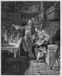Philipp II. Herzog von Orléans (1674-1723) betreibt Chemie mit Humbert. Gravur des 19. Jahrhunderts. In „Histoire de France“ von Jules Michelet
