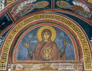 Phorbiotissa Panagia, Unsere Liebe Frau von Christus im Medaillon, Fresko, byzantinische Kirche Unserer Lieben Frau von Asinou, Troodos-Gebirge, Zypern