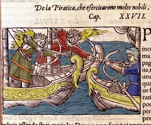 Piraterie wurde von vielen skandinavischen Adelsfrauen praktiziert (Kupferstich aus Historia de gentium septentrionalium von Olaus Magnus, Venedig 1567)