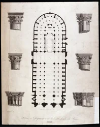 Plan und Kapitelle der Kathedrale Notre Dame in Paris. 19. Jahrhundert