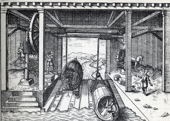 Schrägaufzug für Boote im 16. Jahrhundert auf den Lagunen des Brenta (Fluss) in Norditalien. Gravur in „La Nature“