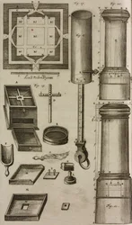 Plan eines Pulverfasses und Werkzeuge zur Vorbereitung und Lagerung von Schießpulver, Gravur aus Grand Art d