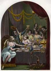 Papst Alexander VI. (1431-1503) (Alessandro, Rodrigo Borgia): Rodrigo Borgia feiert im Vatikan die Hochzeit seiner Tochter Lucrezia Borgia (Lucrezia) mit 50 Kurtisanen. Stich von 1842 in „Histoire des papes: crimes, meurtres, empoisonnements, parricides“