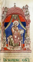 Papst Gregor I. der Große, umgeben von zwei Sekretären. Er wird mit einer Taube auf der Schulter dargestellt, Symbol des Heiligen Geistes