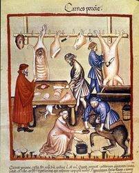 Schweineproduktion. Das Schwein wird geschlachtet und die Metzger schneiden die Stücke. Illumination aus der Milch der Medizin und Diätetik „Tacuinum sanitatis“