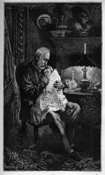 Porträt von Victor Hugo, sitzend mit Enkelin Jeanne - Gravur aus „Das schreckliche Jahr“ („Das schreckliche Jahr“) - Hugo und das kranke Kind während der Belagerung von 1870 - Gravur in „Das schreckliche Jahr“ von Victor Hugo - 1874