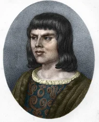Porträt von Alain Chartier, französischer Diplomat und Schriftsteller (1385-1433). Sekretär des zukünftigen Karl VII. Gravur des 19. Jahrhunderts.