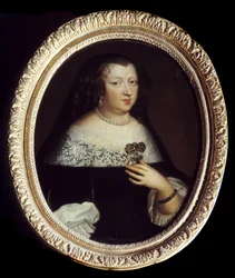 Porträt von Anna von Österreich (1601-1666), Königin von Frankreich. Sie trägt Perlenjuwelen, einen Anhänger mit Edelstein in Kreuzform und ein Armband am linken Handgelenk. Anonymes Gemälde