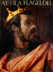 Porträt von Attila (395-453) König der Hunnen. Anonymes 17. Jahrhundert Gemälde der „Raccolta Gioviana“ Florenz, Galleria degli Uffizi