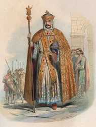 Porträt von Karl dem Großen (742-814), König von Frankreich. Gravur von 1868 in „Histoire de Belgique von den frühesten Zeiten bis zum Ende der Herrschaft von Leopold I.“ von Théodore Juste. Private Sammlung