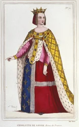 Porträt von Charlotte de Savoy (1445 - 1483), Königin von Frankreich von 1461 bis 1483, Braut von Ludwig XI (der Kluge) im Jahr 1451, Gravur von 1830