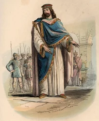 Porträt von Clovis I. (ca. 466 - 511), König der Franken. Gravur von 1868 in „Histoire de Belgique von den frühesten Zeiten bis zum Ende der Herrschaft von Leopold I.“ von Theodore Juste (1818-1888). Private Sammlung.