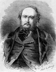 Porträt von Eugène Guinot (1812-1861), französischer Journalist, Romanautor und Dramatiker. Auch bekannt als Pierre Durand und Paul Vermond. Gravur in „Le Monde Illustré“ Nr. 202 vom 23. Februar 1861