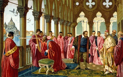 Porträt von Galileo Galilei, genannt Galileo (1564 - 1642), präsentiert das Fernrohr dem Dogen in seinem Dogenpalast in Venedig.
