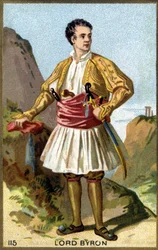 Porträt von George Gordon Noel, 6. Baron Byron, Lord Byron (1788 - 1824) in griechischer Kleidung. Chromolithographie des 19. Jahrhunderts.