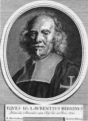 Porträt von Gian Lorenzo Bernini, bekannt als Bernini (1598-1680), italienischer Bildhauer, Maler und Architekt. Gravur von Arnold Van Westerhout aus dem Jahr 1682.