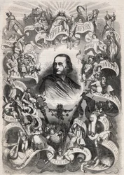 Porträt von Jacques Offenbach (1819-1880), französischer Komponist und Direktor des Théâtre des Bouffes Parisiens, umgeben von Figuren seiner Werke - Gravur in „Le Monde Illustré“