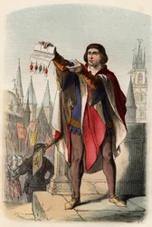 Porträt von Jacques oder Jacob van Artevelde (1287-1345), flämischer Politiker. Gravur von 1868 in „Histoire de Belgique von den frühesten Zeiten bis zum Ende der Herrschaft von Leopold I.“ von Théodore Juste. Private Sammlung