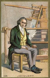 Porträt von Joseph Marie Jacquard (1752-1834), französischer Mechaniker vor seinem automatischen Webstuhl.