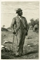 Porträt von König Sepopo von Zambeze (heutiges Südafrika), in europäischem Stil gekleidet, Gravur von P. Dufour zur Illustration der Geschichte „Au pays des Marutses“ in den Jahren 1875-1879 von Dr. Emile Holub (1847-1902). Veröffentlicht in der Tour du mo