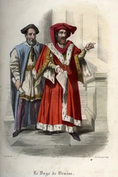 Porträt von Leonardo Loredan (Loredano) (1436-1521), Doge der Republik Venedig. Gravur von 1842 in „Histoire des papes“ von Maurice Lachatre. Private Sammlung.