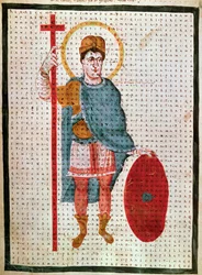 Porträt von Ludwig I. der Fromme (778-840), König von Frankreich. Miniatur in „De Laudibus Sancte Crucis“ (oder Codex Vindobonensis) von Rabanus Maurus Magnentius (ca. 780-856), um 830 Wien, Österreich