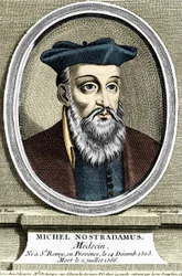 Porträt von Michel Nostradamus, Arzt und Astrologe, geboren in Saint-Remy-de-Provence am 14.12.1503 und gestorben am 02.07.1566. Gravur aus dem 17. Jahrhundert.