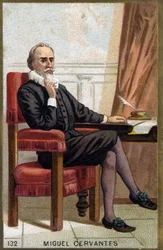 Porträt von Miguel Cervantes Saavedra, bekannt als Cervantes (1547 - 1616), spanischer Schriftsteller. Chromolithografie des 19. Jahrhunderts.