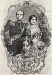 Porträt Ihrer Königlichen Hoheiten Prinzessin Victoria (1840-1901) (Königin Victoria) und Kronprinz Friedrich Wilhelm von Preußen (1831-1888). Gravur von 1858.