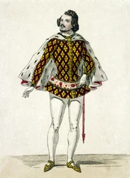 Porträt des französischen Tenors Gilbert-Louis Duprez (1806 - 1896) in der Rolle des Fernando im dritten Akt von „La Favorite“ von Donizetti in Paris. 1838.
