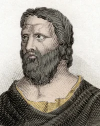 Porträt des griechischen Philosophen Heraklit von Ephesos (576-480 v. Chr.) (Heraclitus von Ephesus). Gravur des 19. Jahrhunderts.