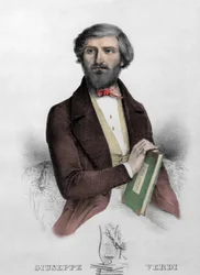 Porträt des italienischen Komponisten Giuseppe Verdi mit der Partitur von „I Due Foscari“. Gravur von 1844.