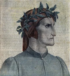 Porträt des italienischen Dichters Dante Alighieri (1265-1321) (Italienischer Dichter Dante Alighieri) Illustration aus „Le pelerin“ Mai 1921 Privatsammlung