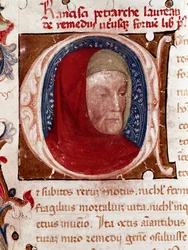 Porträt des italienischen Dichters Francesco Petrarca (1304-1374) (Detail). Seite aus dem Manuskript „Les remedes aux deux fortunes“ (De remediis Utriusque Fortunae) von Petrarca. 1360-1366 Venedig, Biblioteca Marciana
