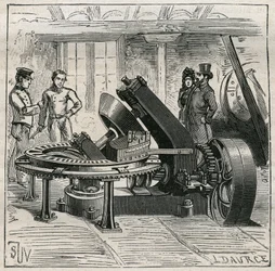 Töpferei: Fleury-Maschine zur mechanischen Formgebung von Ziegeln. Gravur von 1885 in „Les arts et metiers illustres“ von Adolphe BITARD