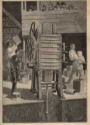 Töpferei: Mechanisches Formen von Hohlteilen. Gravur von 1885 in „Les arts et métiers illustrés“ von Adolphe Bitard.
