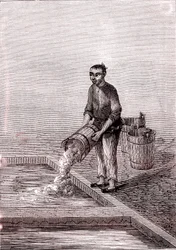 Kalk in das Becken gießen, Papierherstellung in China (3. Jahrhundert v. Chr.) (Gravur)