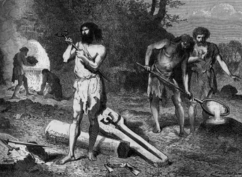 Prähistorie - die ersten Metallurgen der Bronzezeit: Herstellung von Bronze. Gravur in „Le Journal de la jeunesse“