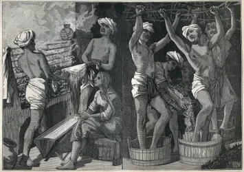 Vorbereitung von Lack in Indien. Gravur von 1885 in „Les arts et metiers illustres“ von Adolphe BITARD