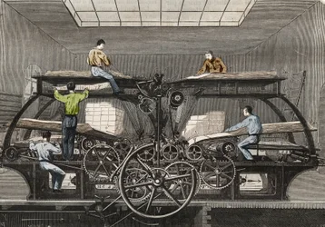 Druckerpresse: Druckerpresse der Zeitung „Le Siecle“ in Paris. Gravur von 1857 in „Le Musee Des Sciences“