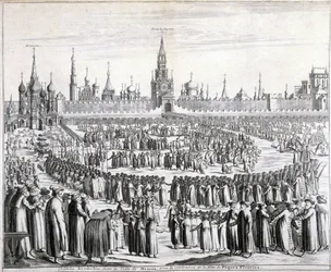 Prozession der Osterblumen vor dem Heiligen Erlösertor und dem Kreml in Moskau. Gravur aus dem 19. Jahrhundert