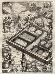 Salzgewinnung durch Verdampfen von Meerwasser in Salinen. Aus „De re metallica“ von Georgius Agricola (Georg Bauer). (Basel 1556) - Salzproduktion: Meerwasser wird in große Schalen gegossen, verdampft und hinterlässt Salzablagerungen. Gravur aus „De re met